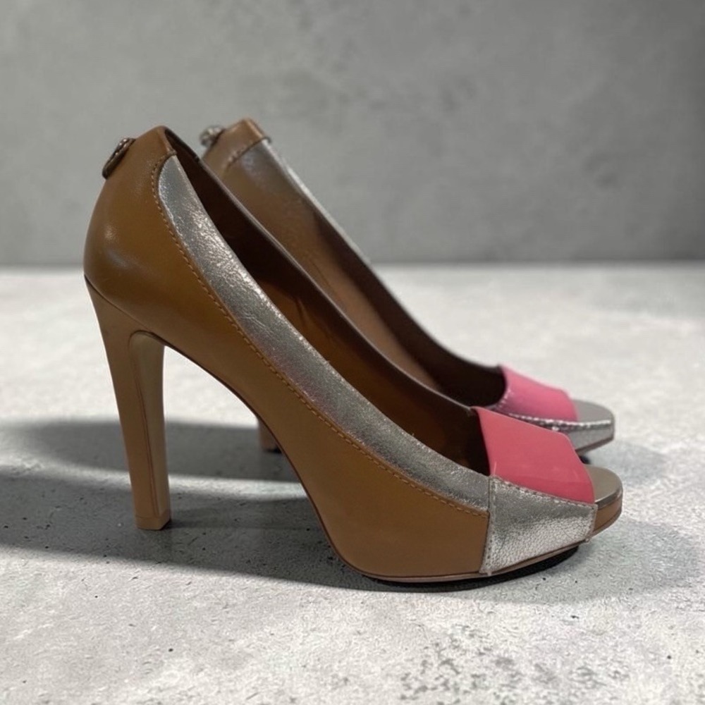 ❤ TORY BURCH 8 Runway Cluny Brown Pink Patent Leather Pumps Open Toe Heels Shoes